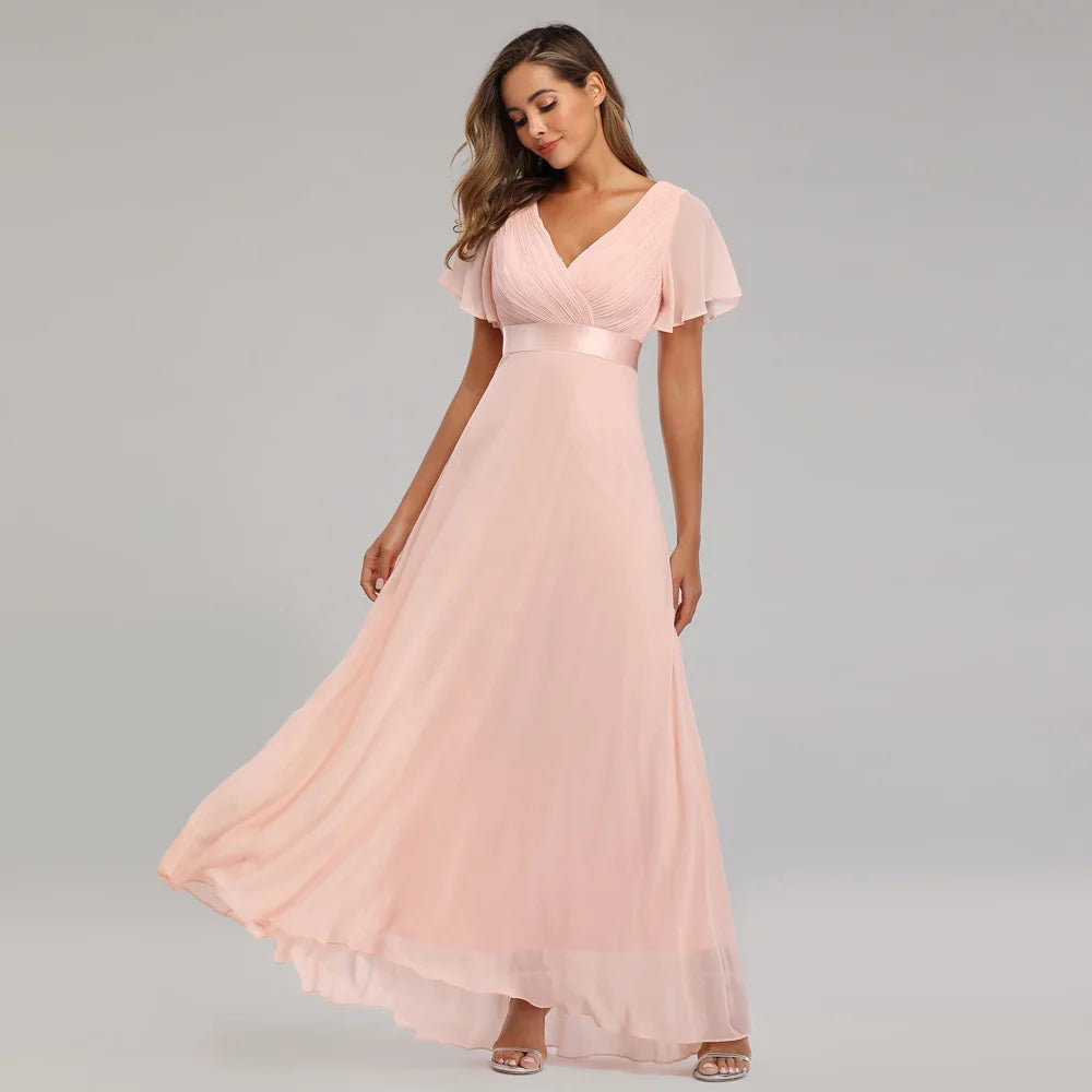 Double V-neck Flared Sleeve Elastic Chiffon Bridesmaid Plus Size Evening Dress