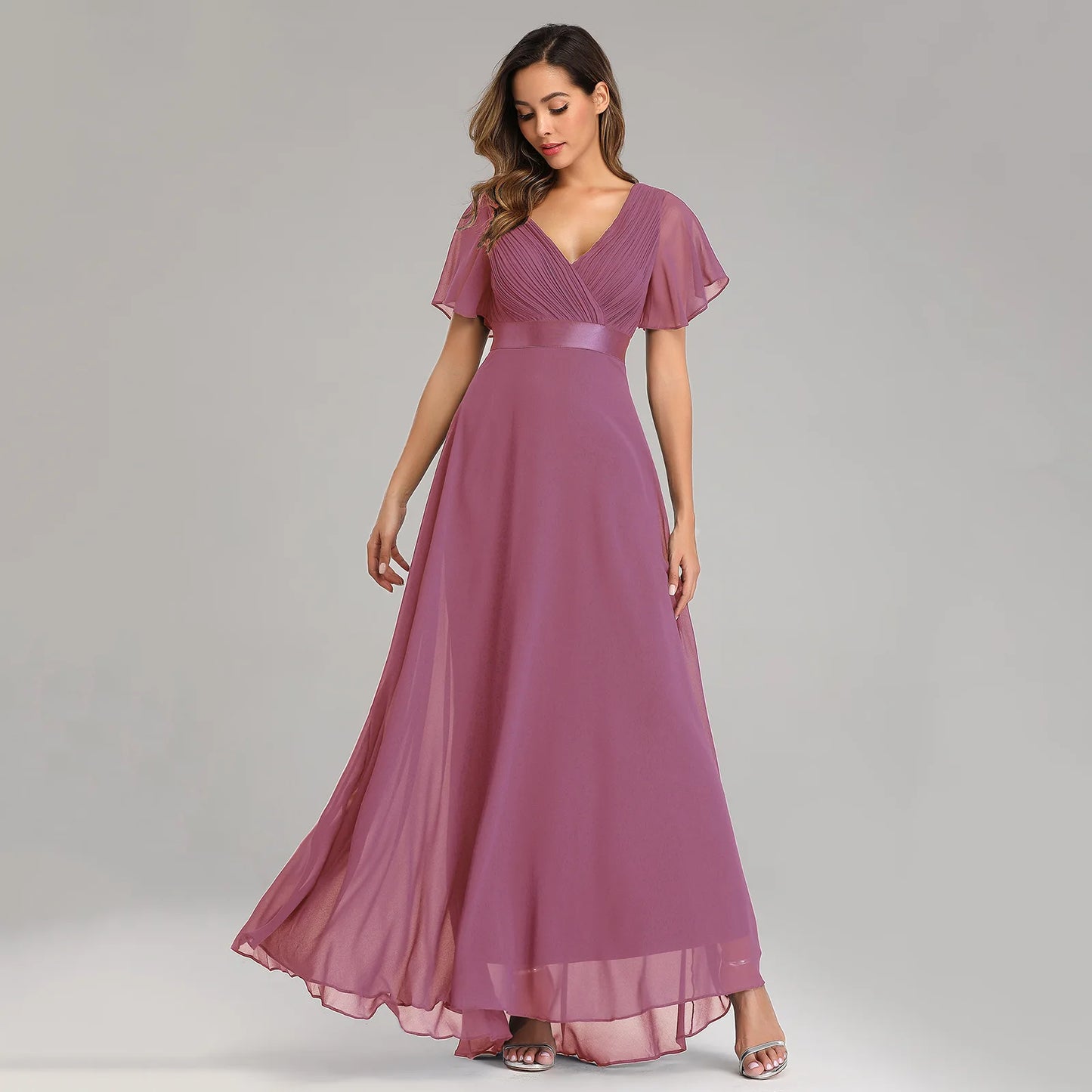 Double V-neck Flared Sleeve Elastic Chiffon Bridesmaid Plus Size Evening Dress