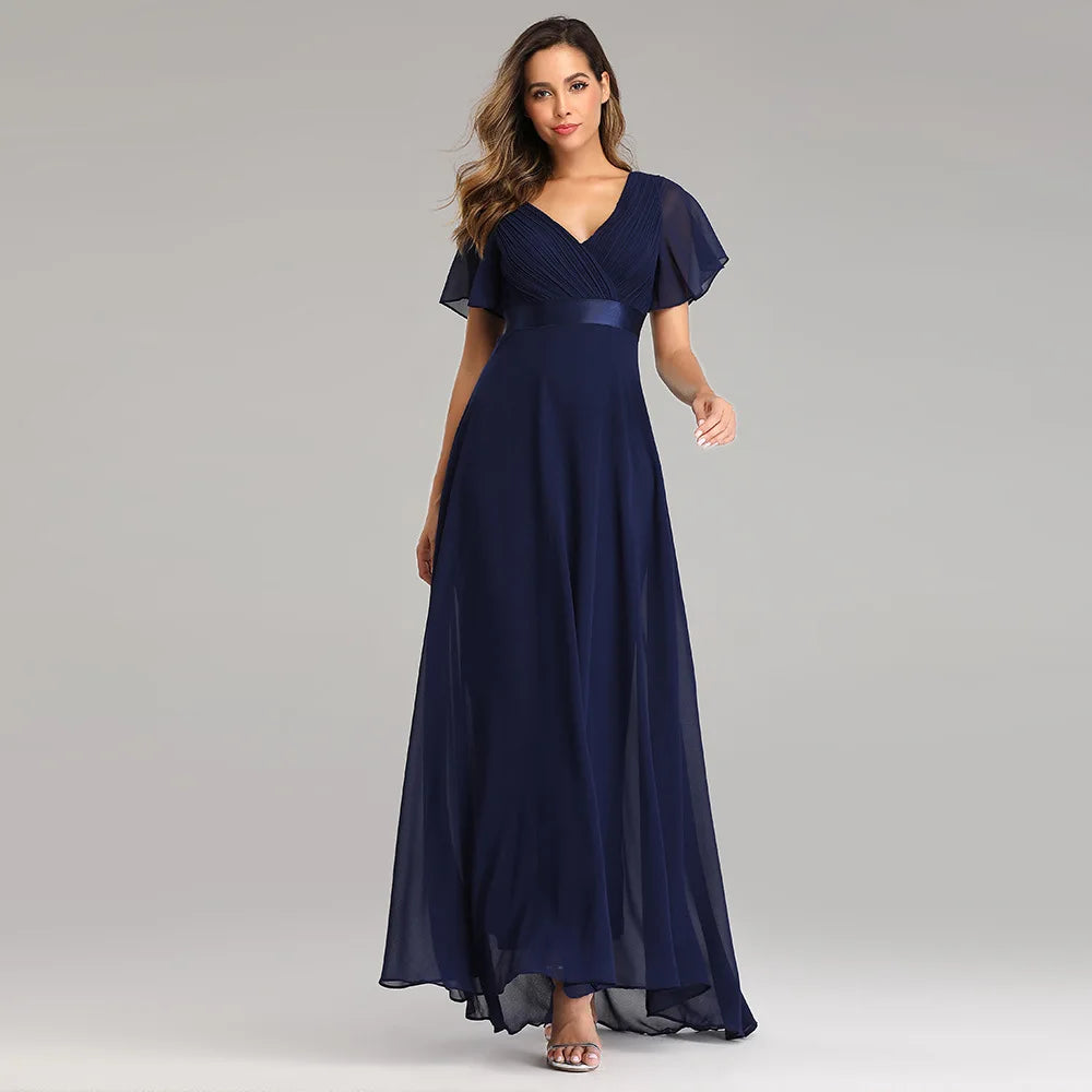 Double V-neck Flared Sleeve Elastic Chiffon Bridesmaid Plus Size Evening Dress