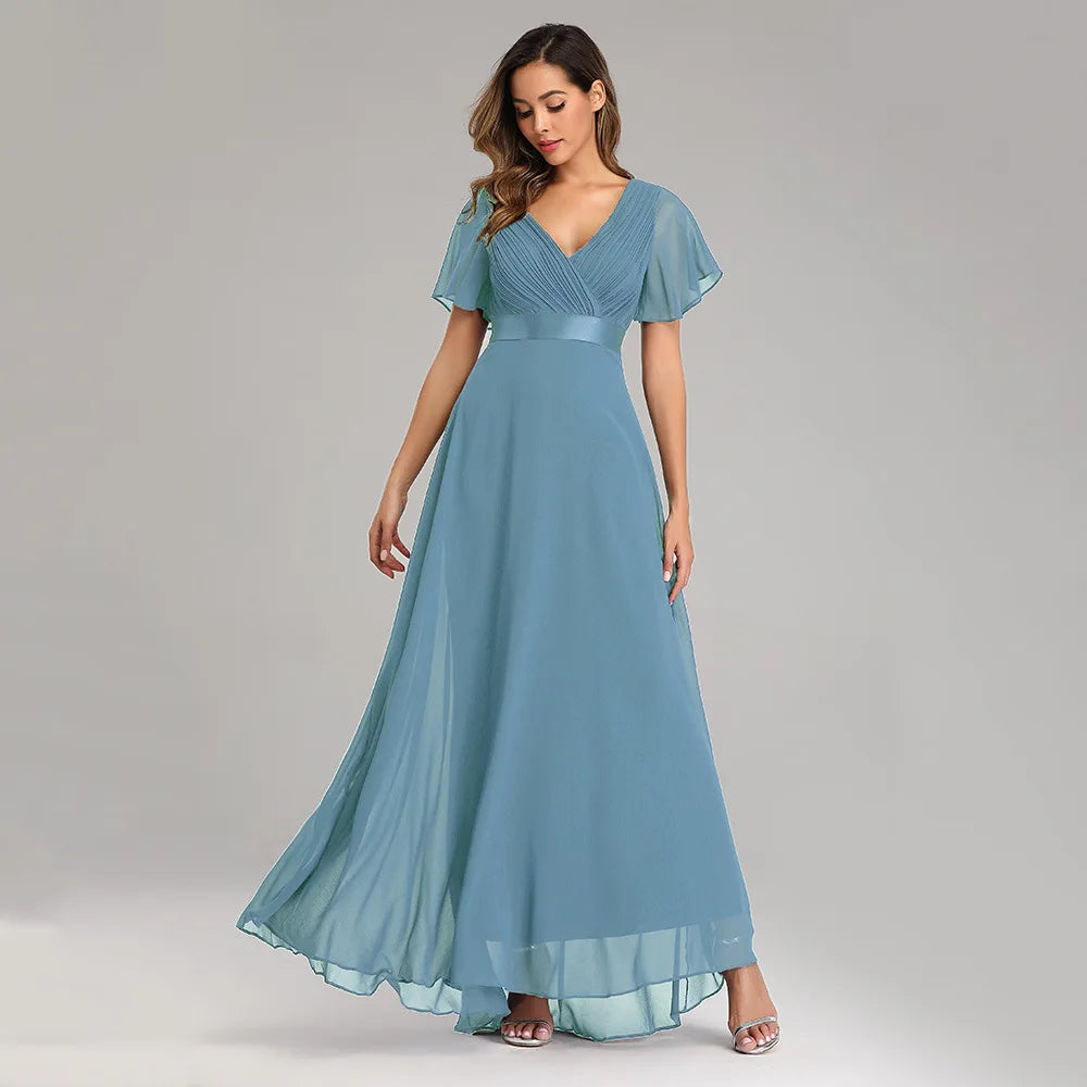 Double V-neck Flared Sleeve Elastic Chiffon Bridesmaid Plus Size Evening Dress