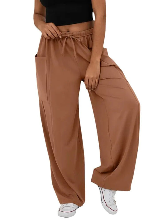 Elasticated  High Waist Pleated Wide-leg Casual Loose Pants with Pockets