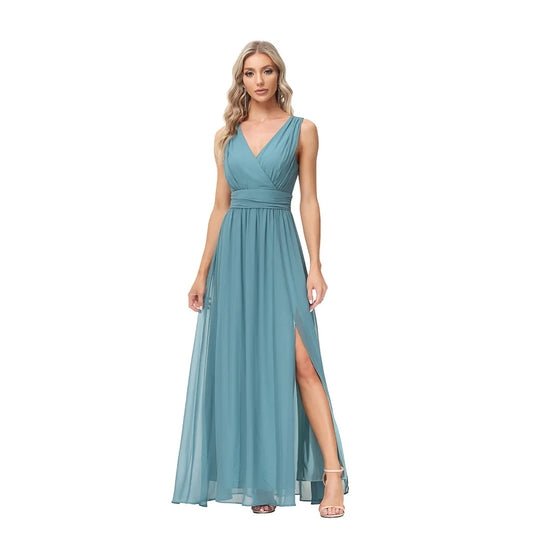 Elegant Chiffon Double V-neck Sleeveless Spaghetti Straps Formal Evening Prom Blue Dress