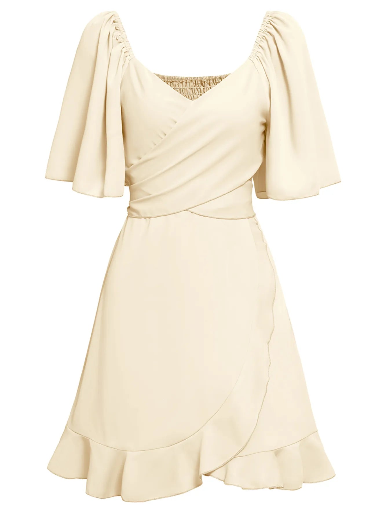 Elegant Flare Sleeves V-neck Ruffles Short Bridesmaid Dress