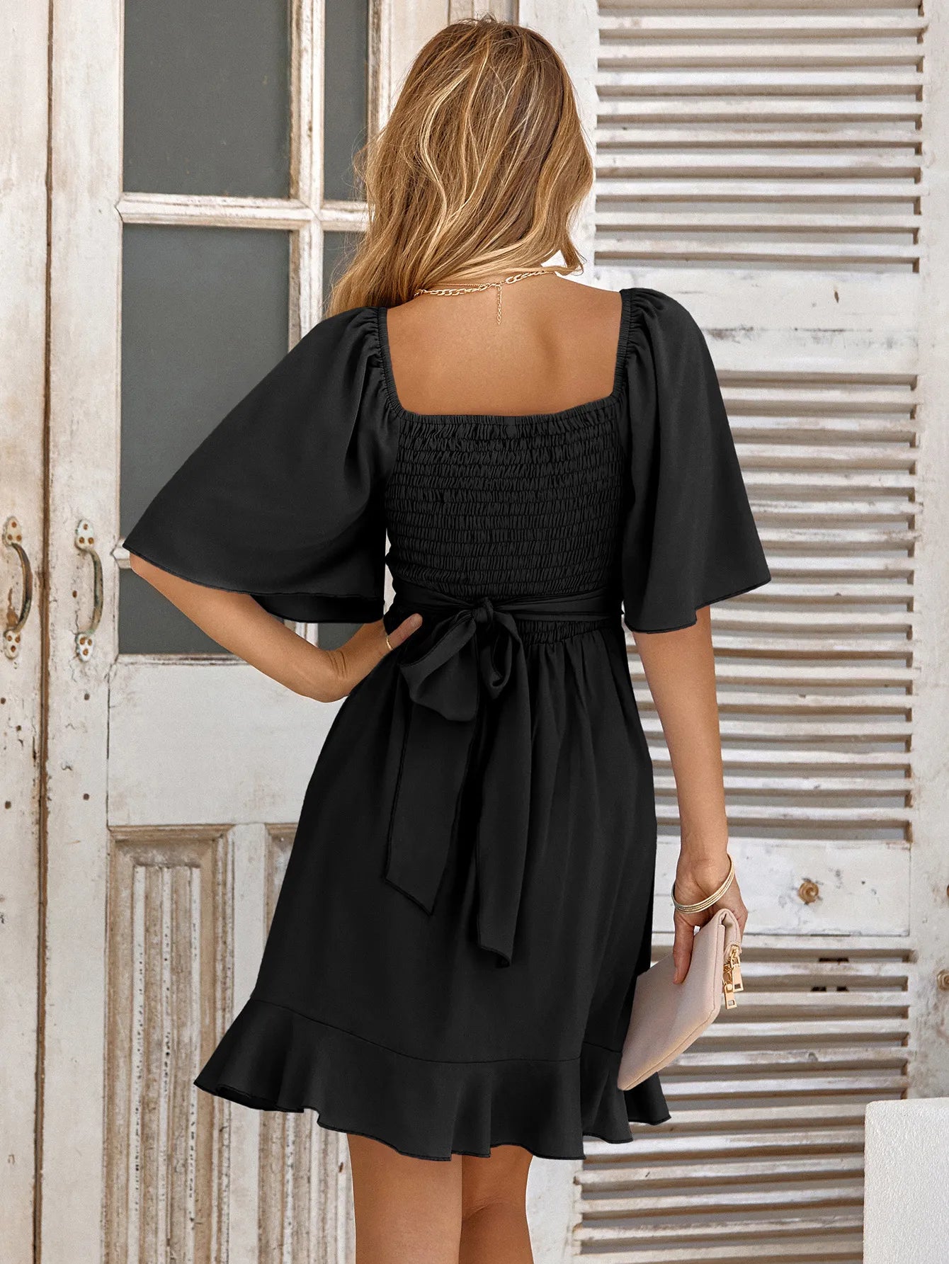 Elegant Flare Sleeves V-neck Ruffles Short Bridesmaid Dress