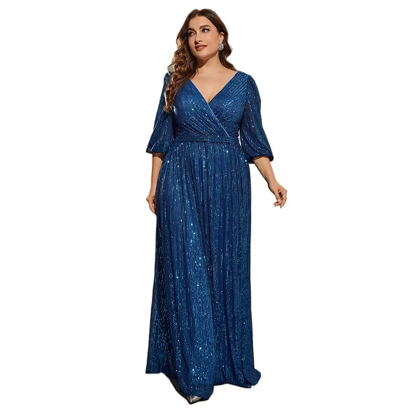 Elegant Gorgeous Plus Size Sequined V-neck Half Sleeves Long Formal Evening Mother of Bride Dress