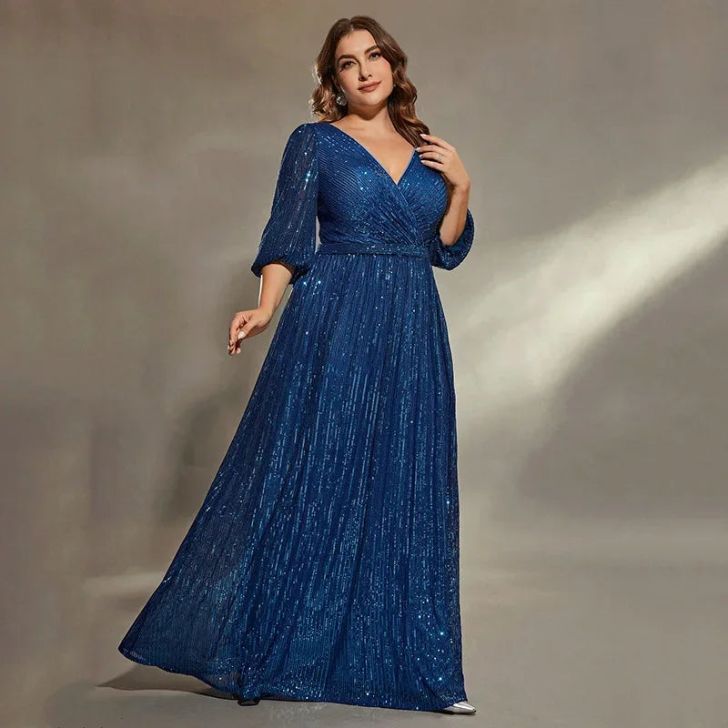 Elegant Gorgeous Plus Size Sequined V-neck Half Sleeves Long Formal Evening Mother of Bride Dress