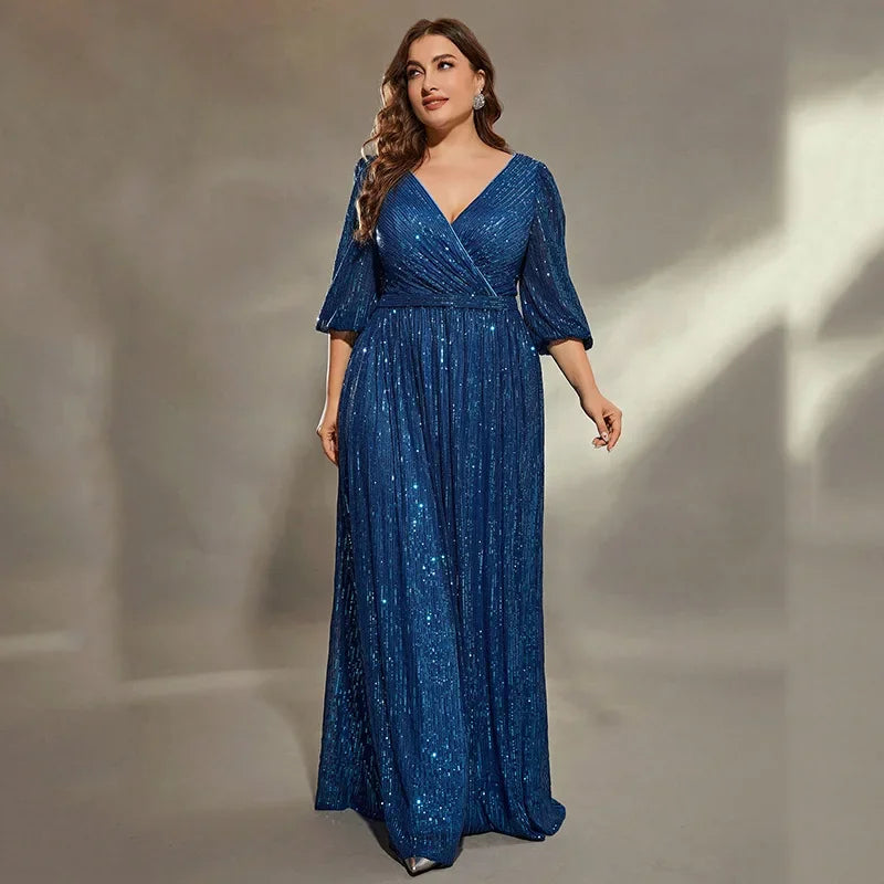 Elegant Gorgeous Plus Size Sequined V-neck Half Sleeves Long Formal Evening Mother of Bride Dress