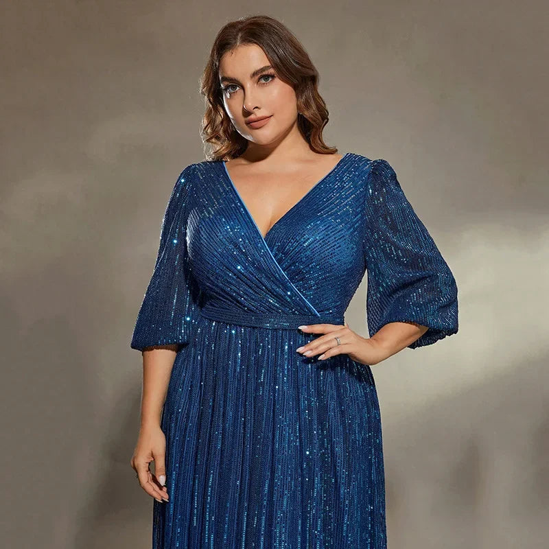 Elegant Gorgeous Plus Size Sequined V-neck Half Sleeves Long Formal Evening Mother of Bride Dress