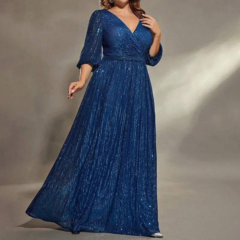 Elegant Gorgeous Plus Size Sequined V-neck Half Sleeves Long Formal Evening Mother of Bride Dress