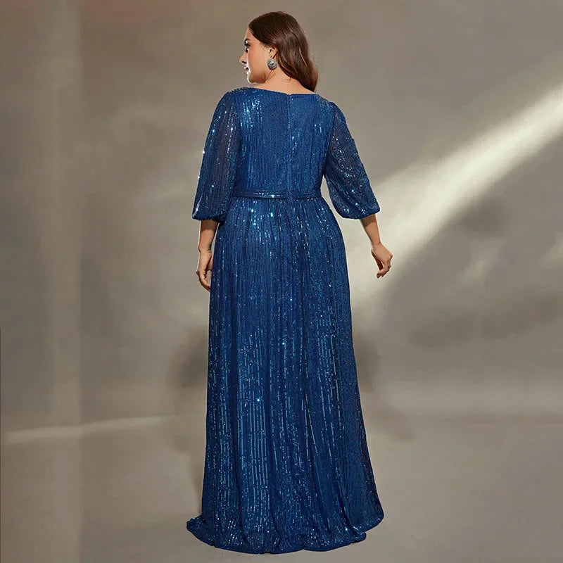 Elegant Gorgeous Plus Size Sequined V-neck Half Sleeves Long Formal Evening Mother of Bride Dress