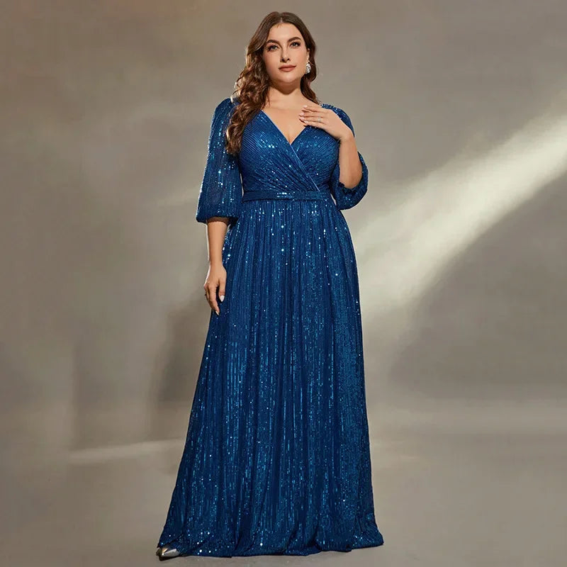 Elegant Gorgeous Plus Size Sequined V-neck Half Sleeves Long Formal Evening Mother of Bride Dress