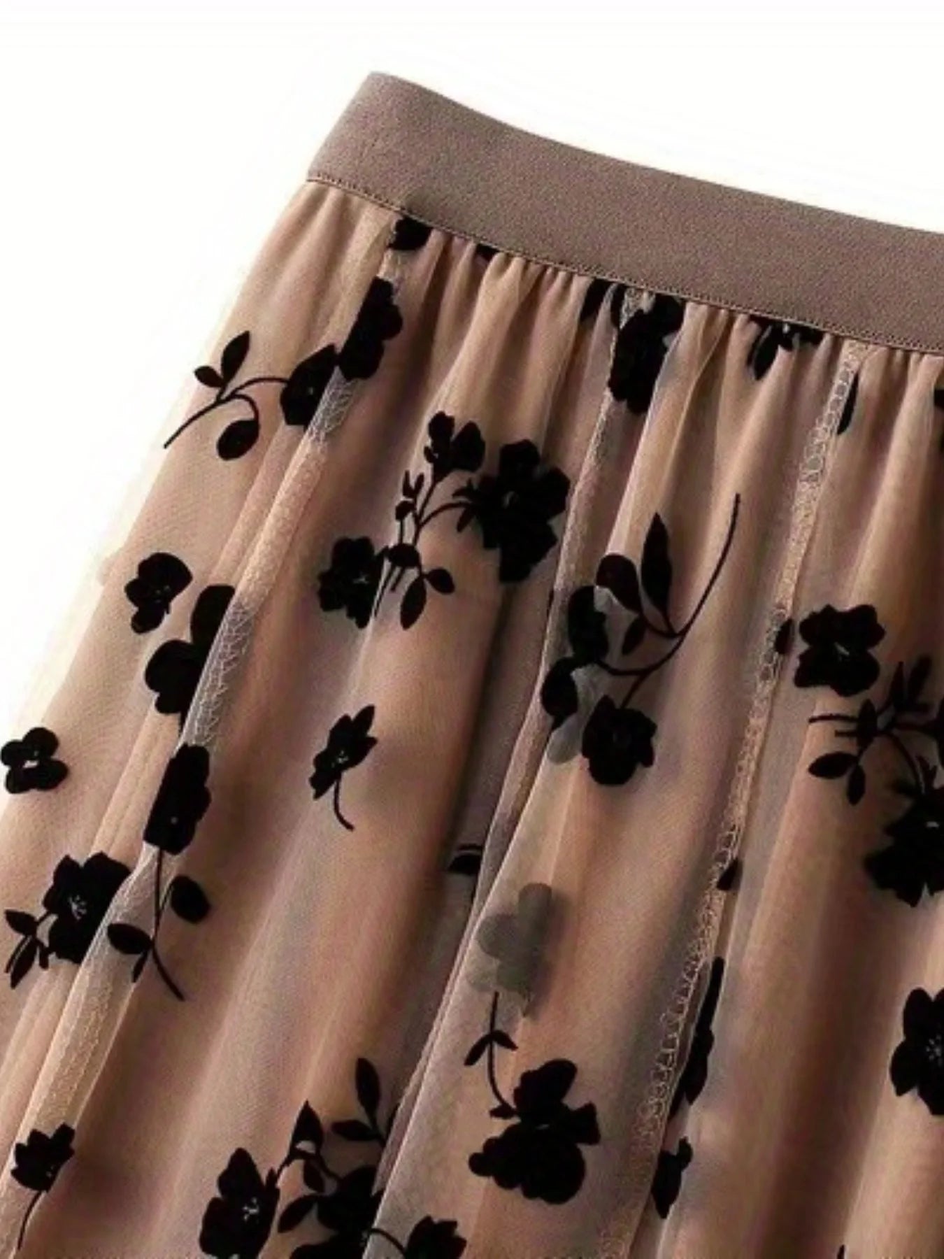 Elegant High Waist Mesh Maxi Skirt with Plant Print