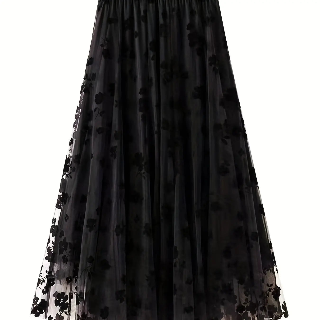 Elegant High Waist Mesh Maxi Skirt with Plant Print