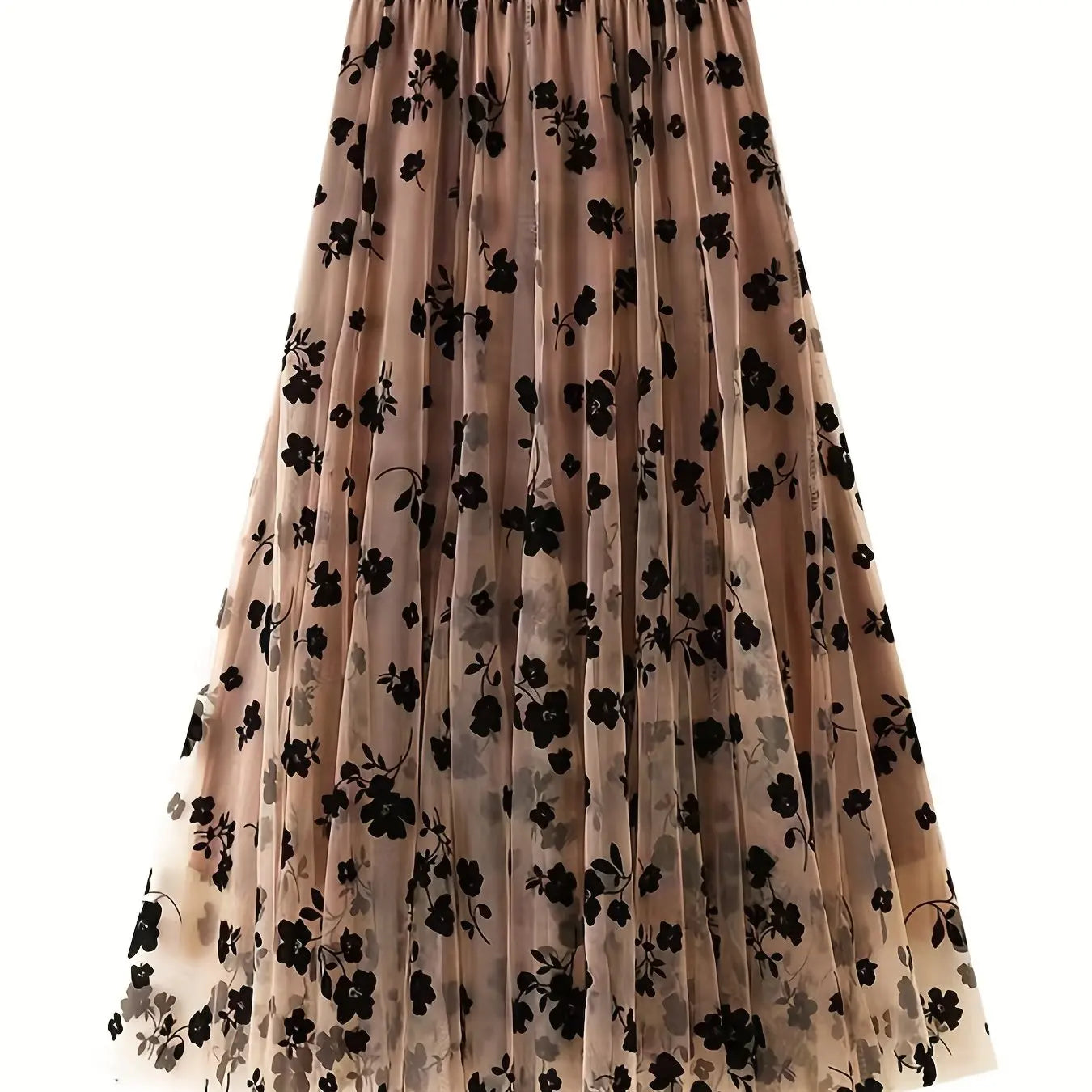 Elegant High Waist Mesh Maxi Skirt with Plant Print