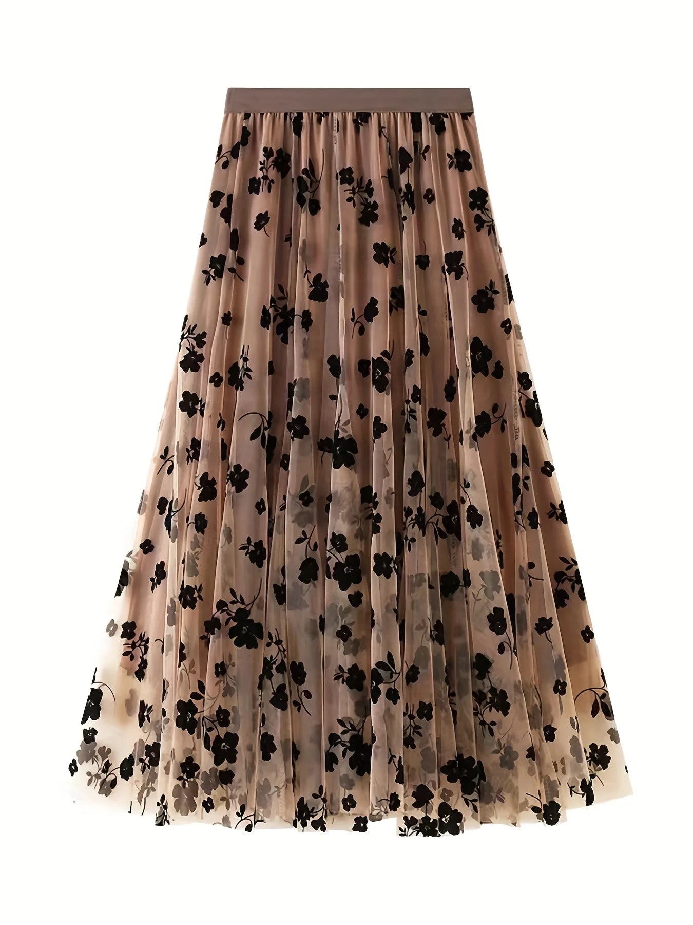 Elegant High Waist Mesh Maxi Skirt with Plant Print