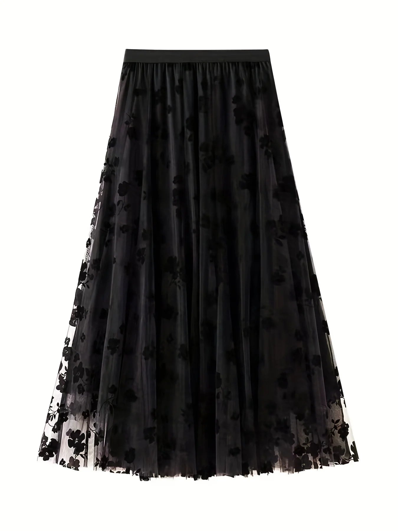 Elegant High Waist Mesh Maxi Skirt with Plant Print