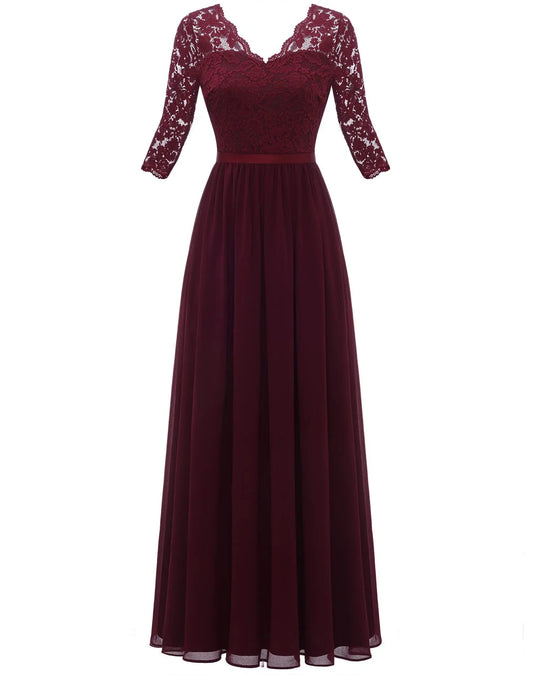 Elegant Lace Splicing V-neck Half Sleeves Chiffon Long Formal Evening Dress