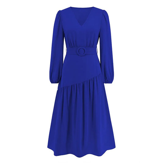 Elegant Long Sleeves V-neck Solid Color Tie Up Tee Length Dress