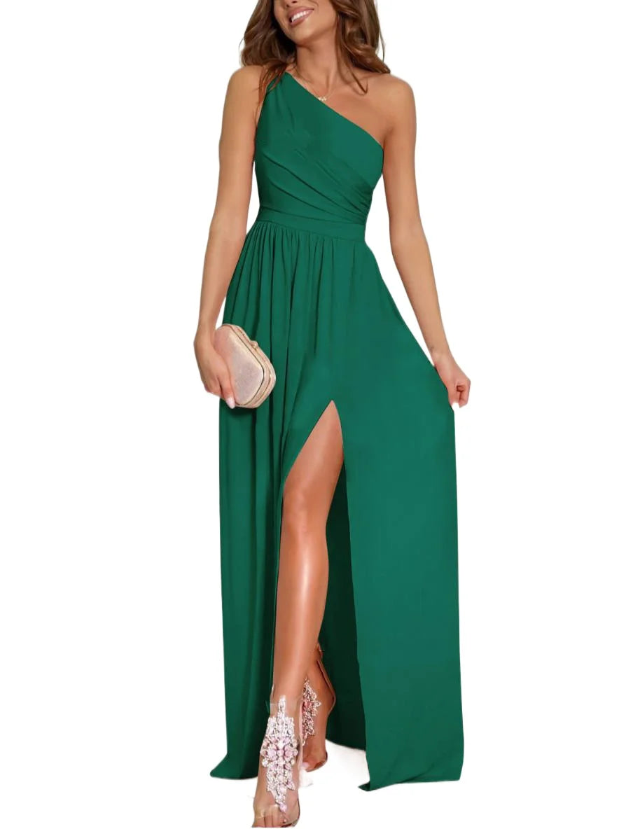 Elegant Simple Solid Color One Shoulder Split Long Formal Evening Dress