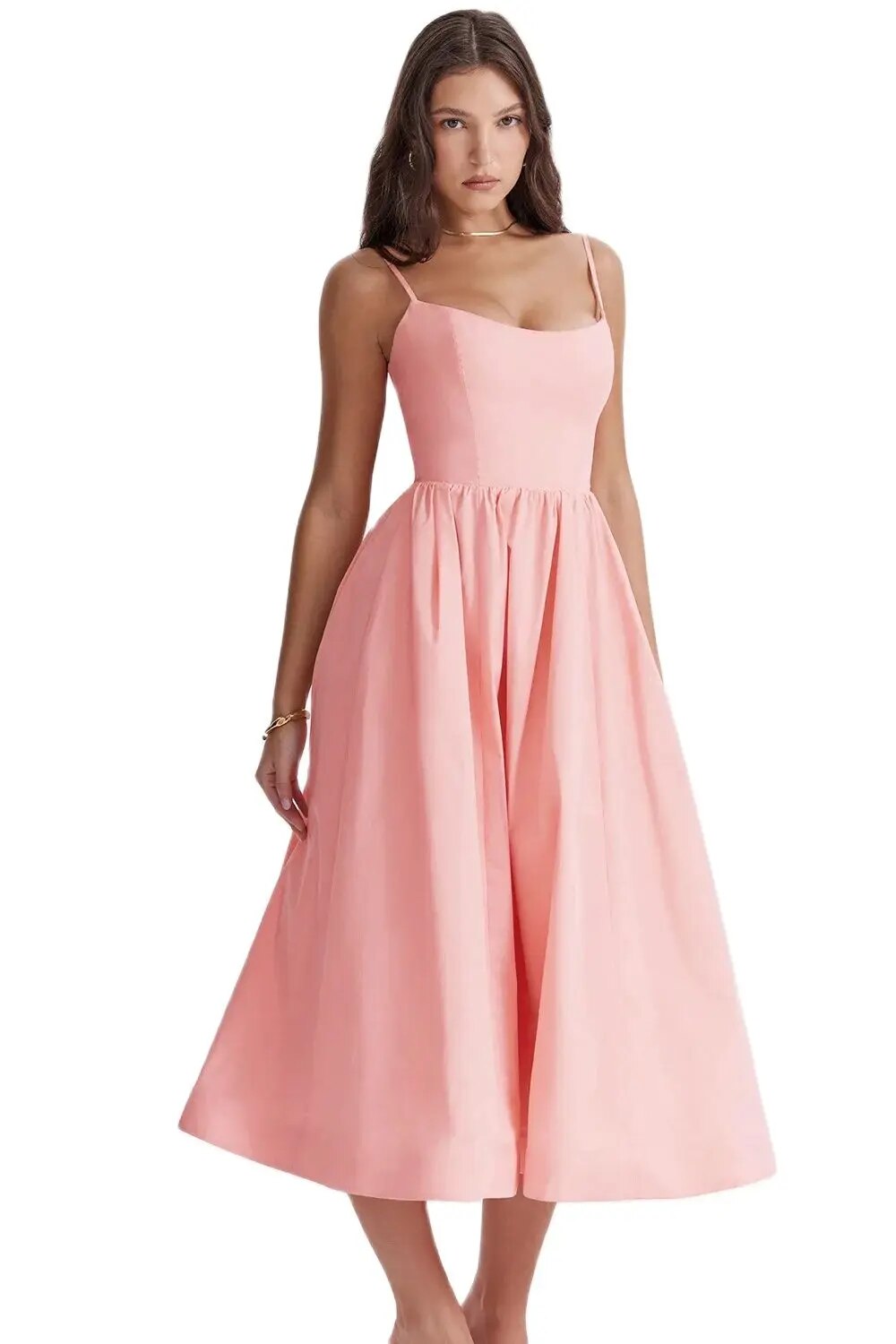 Elegant Solid Color Open Back Spaghetti Straps Tee Length Bridesmaid Dress