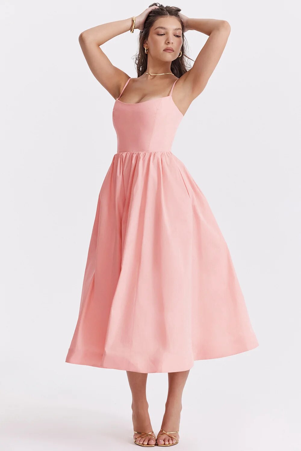 Elegant Solid Color Open Back Spaghetti Straps Tee Length Bridesmaid Dress