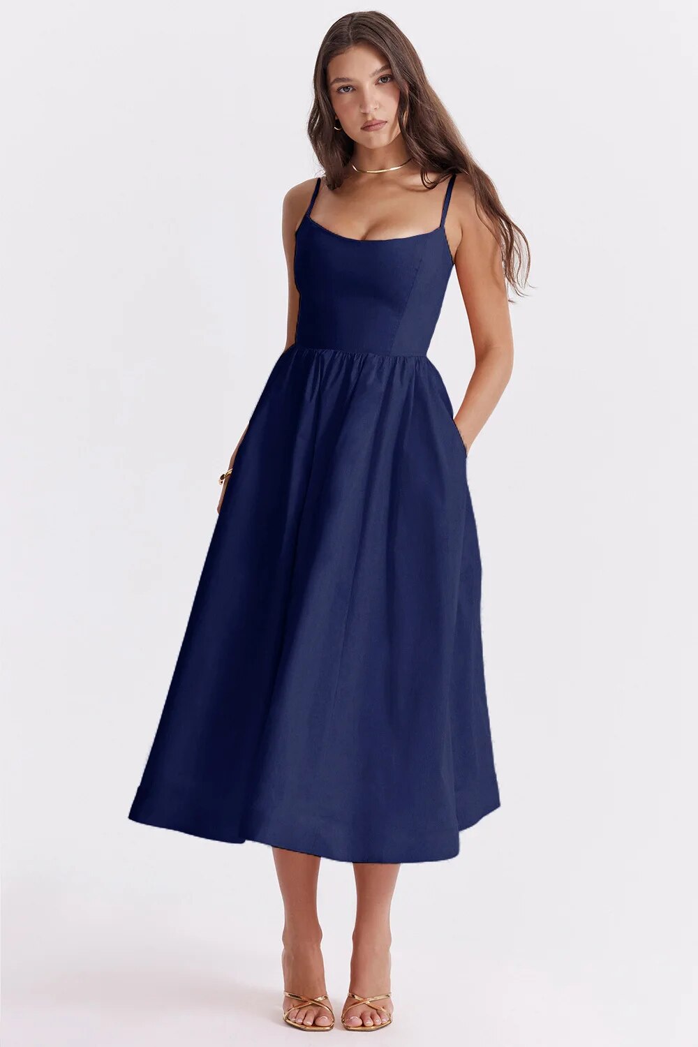 Elegant Solid Color Open Back Spaghetti Straps Tee Length Bridesmaid Dress