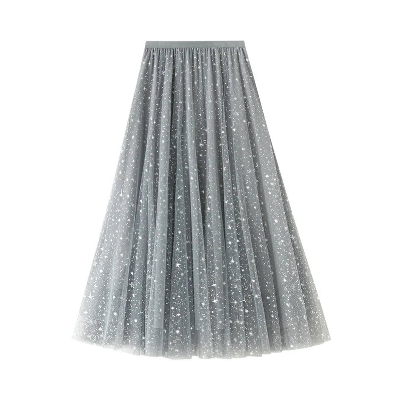 Elegant Star Pattern Mesh Midi Skirt with Comfortable Elastic Waist