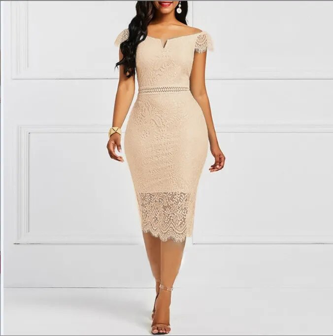 Elegant Tee Length Cap Sleeves Slim Lace Dress