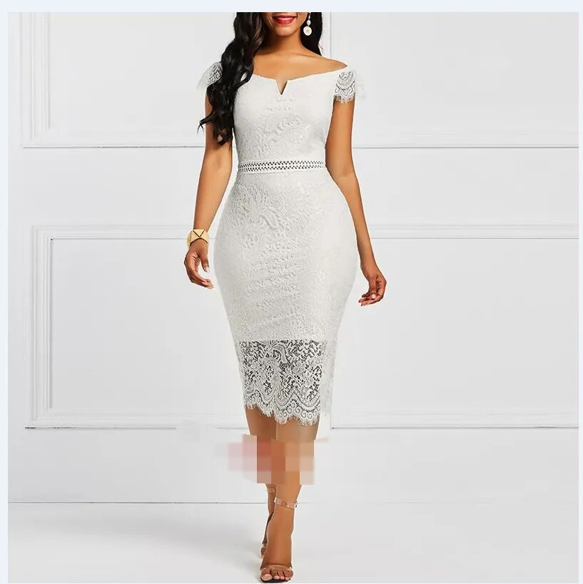 Elegant Tee Length Cap Sleeves Slim Lace Dress