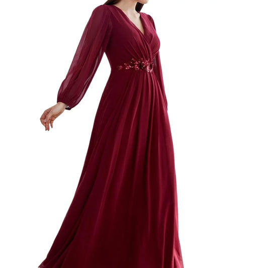 Elegant V-neck Chiffon Flowers Waist Ruched Long Sleeves Formal Evening Dress