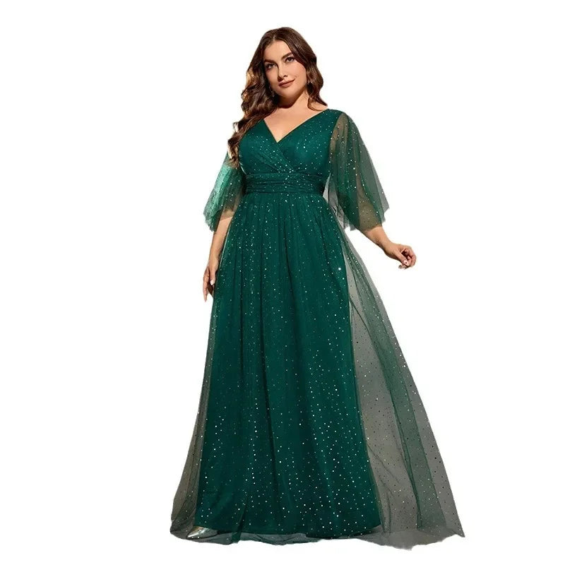 Elegant V-neck Half Sleeves Mesh Green Formal Evening Plus Size Dress