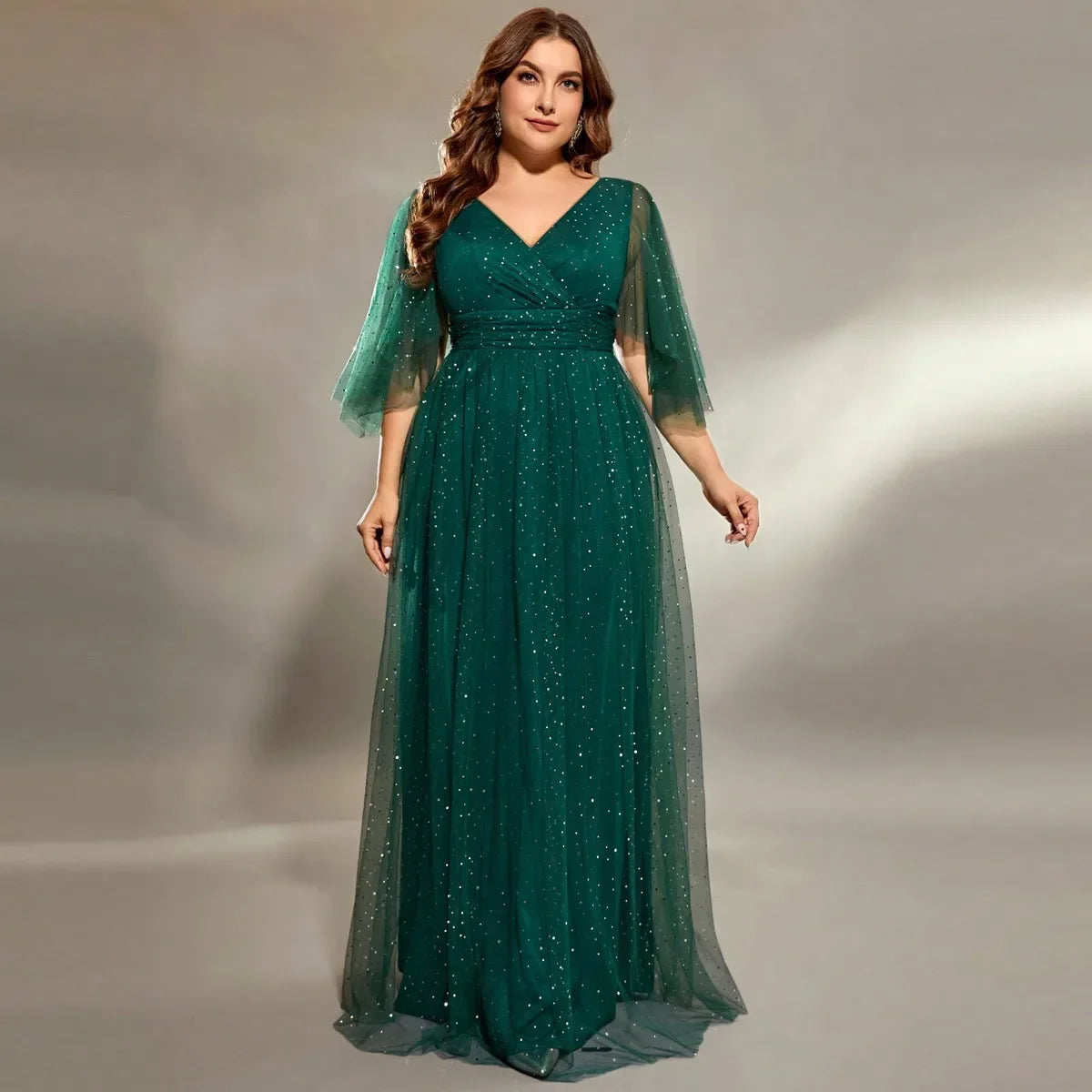 Elegant V-neck Half Sleeves Mesh Green Formal Evening Plus Size Dress