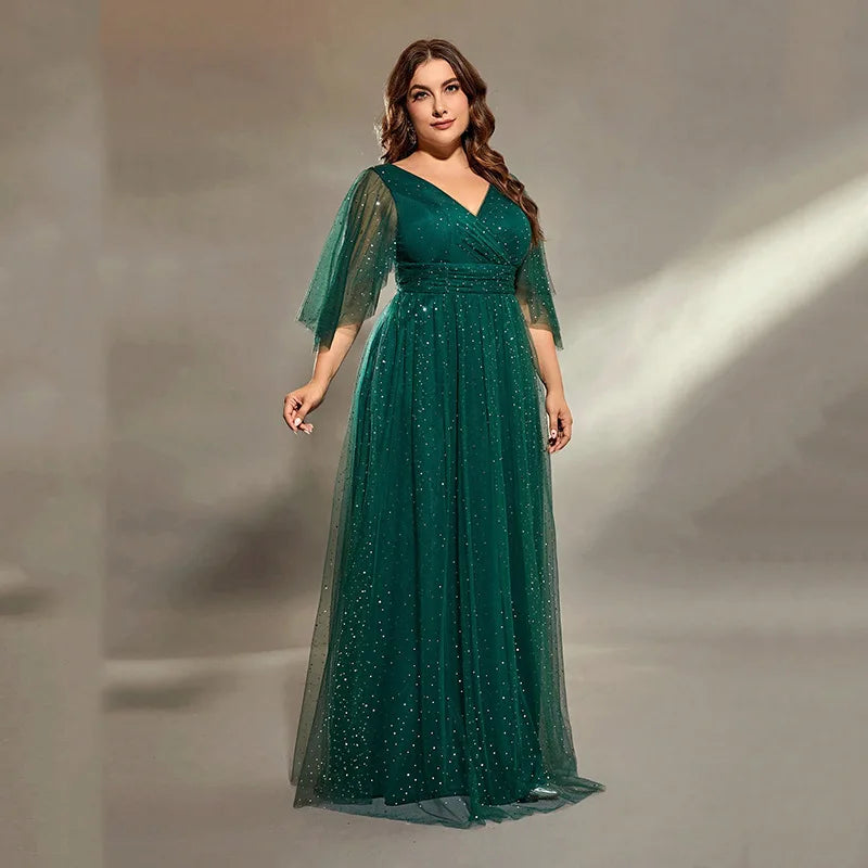 Elegant V-neck Half Sleeves Mesh Green Formal Evening Plus Size Dress