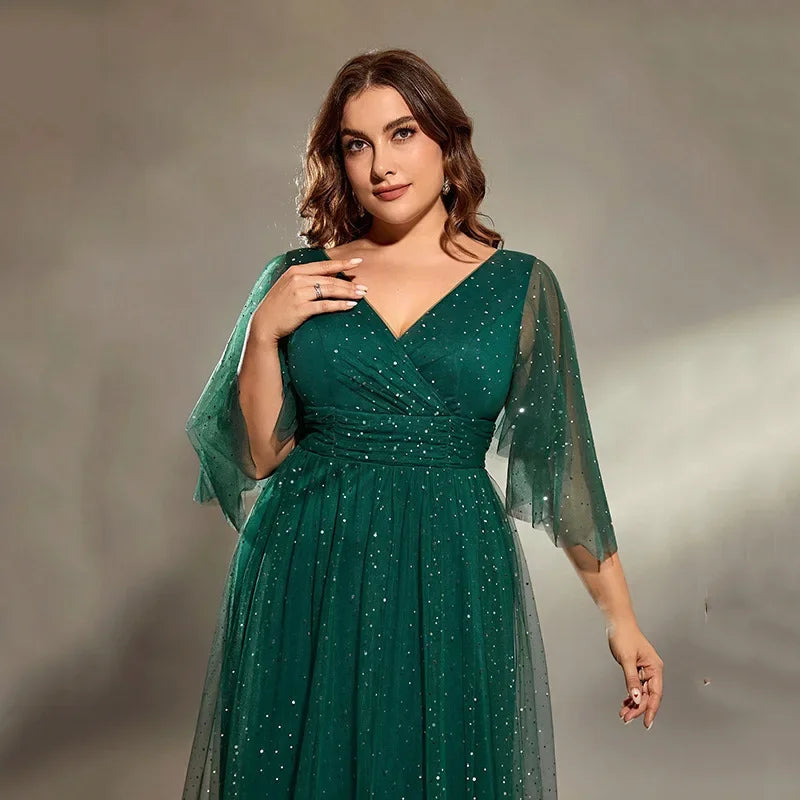 Elegant V-neck Half Sleeves Mesh Green Formal Evening Plus Size Dress