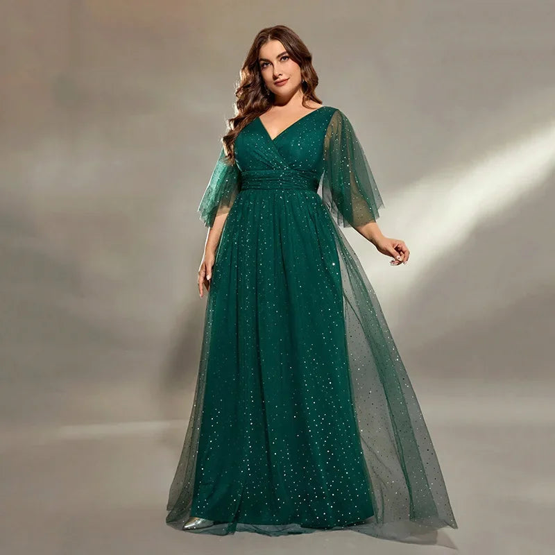 Elegant V-neck Half Sleeves Mesh Green Formal Evening Plus Size Dress