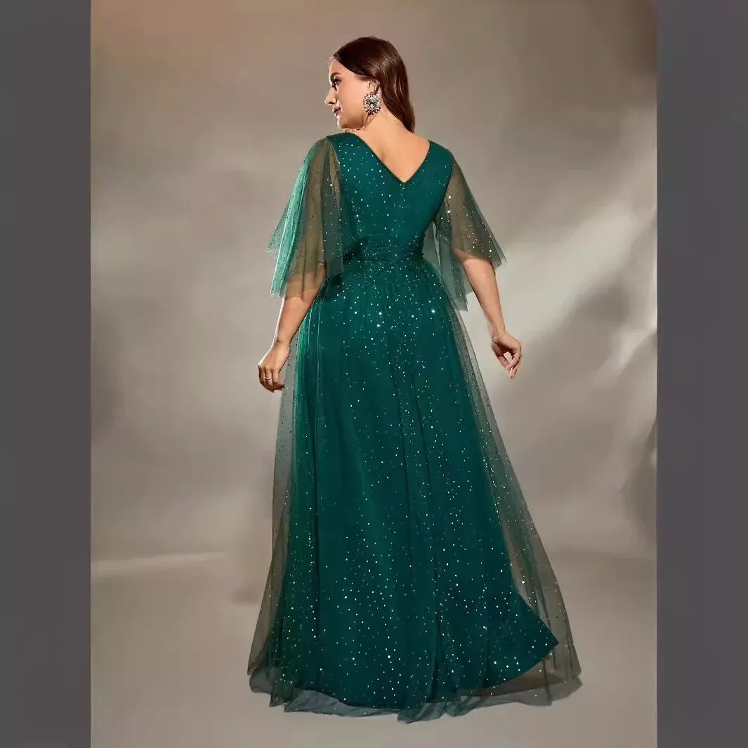 Elegant V-neck Half Sleeves Mesh Green Formal Evening Plus Size Dress