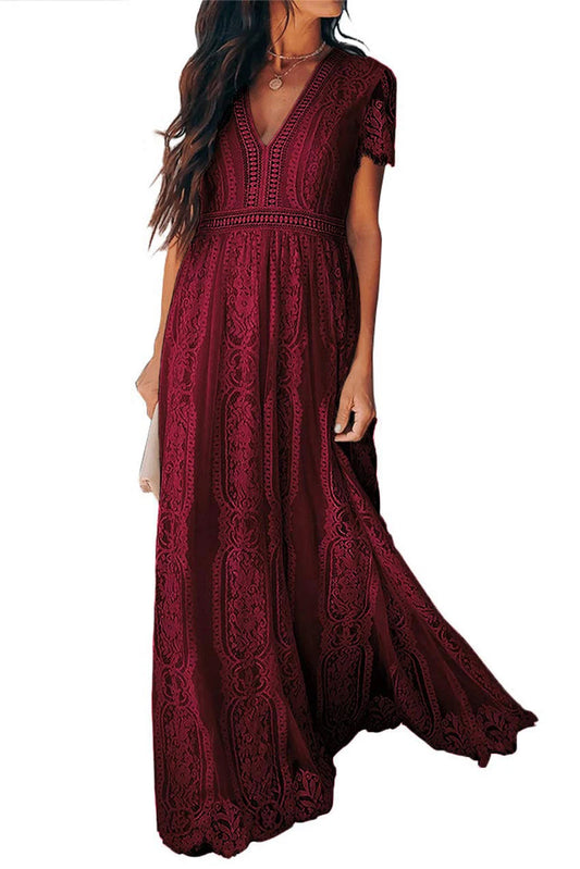 Elegant V-neck Lace Maxi Formal Evening Mother of Bride Dress