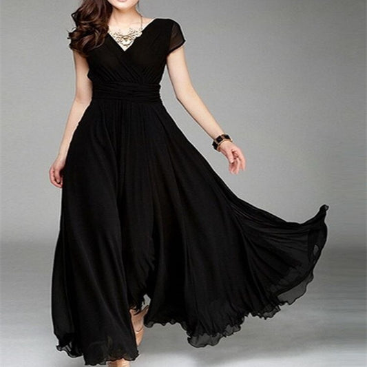 Elegant V-neck Short Sleeve High Low Tiers Chiffon Long Bridesmaid Formal Evening Dress