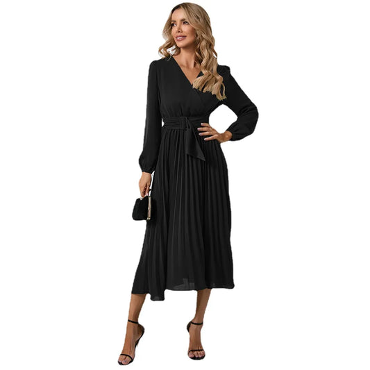 Elegant Women's Long Sleeve Pleated Belt V-neck Tee Length Dress