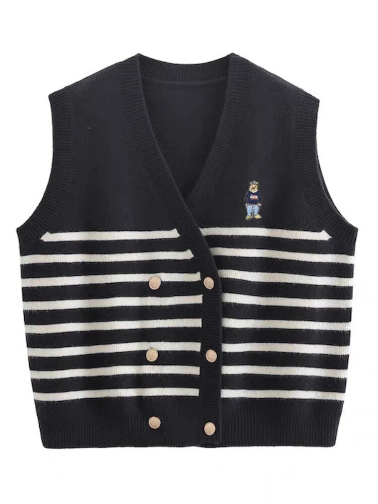 Embroidered Stripe V-neck Knit Vest Loose Cardigan Jacket