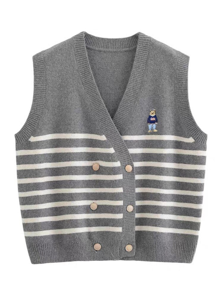 Embroidered Stripe V-neck Knit Vest Loose Cardigan Jacket