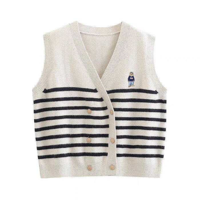 Embroidered Stripe V-neck Knit Vest Loose Cardigan Jacket