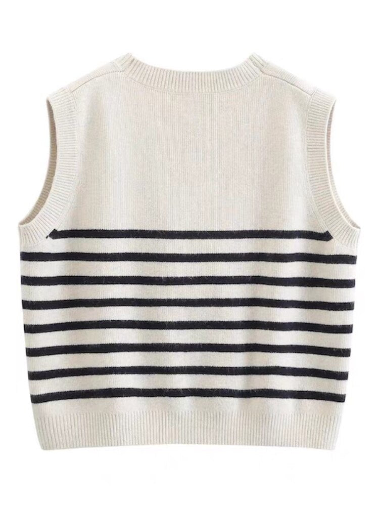 Embroidered Stripe V-neck Knit Vest Loose Cardigan Jacket