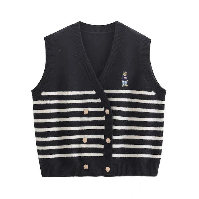 Embroidered Stripe V-neck Knit Vest Loose Cardigan Jacket