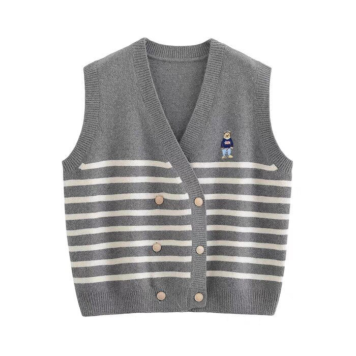 Embroidered Stripe V-neck Knit Vest Loose Cardigan Jacket