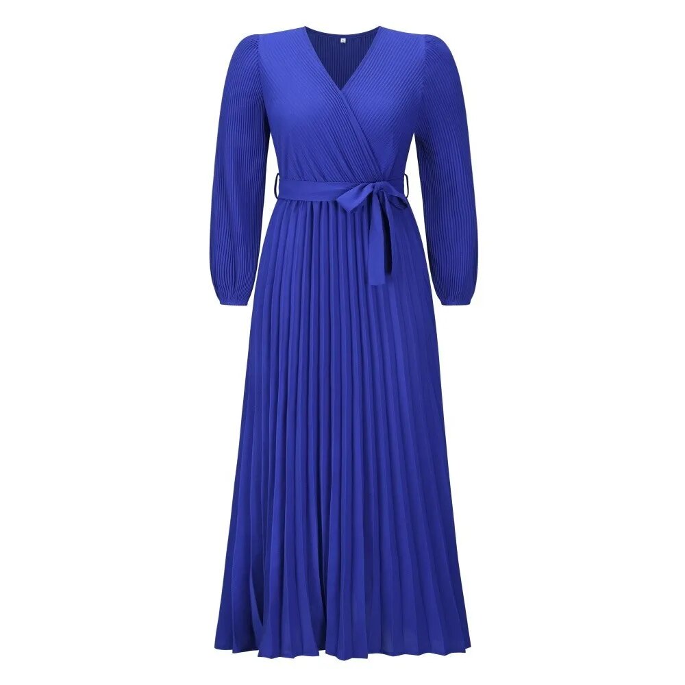 Fall/Winter New V-neck Long Sleeve Solid Color Pleated A-line Lace Up Ankle Length Dress