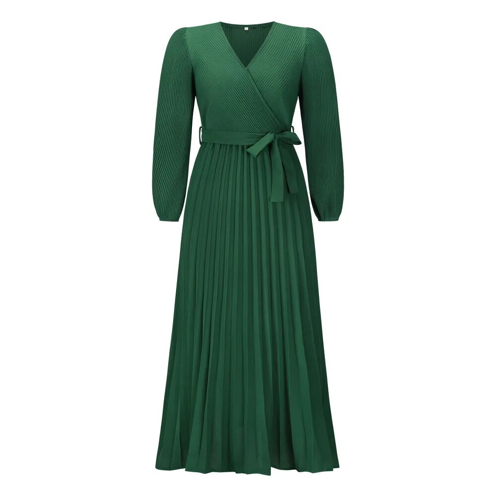 Fall/Winter New V-neck Long Sleeve Solid Color Pleated A-line Lace Up Ankle Length Dress