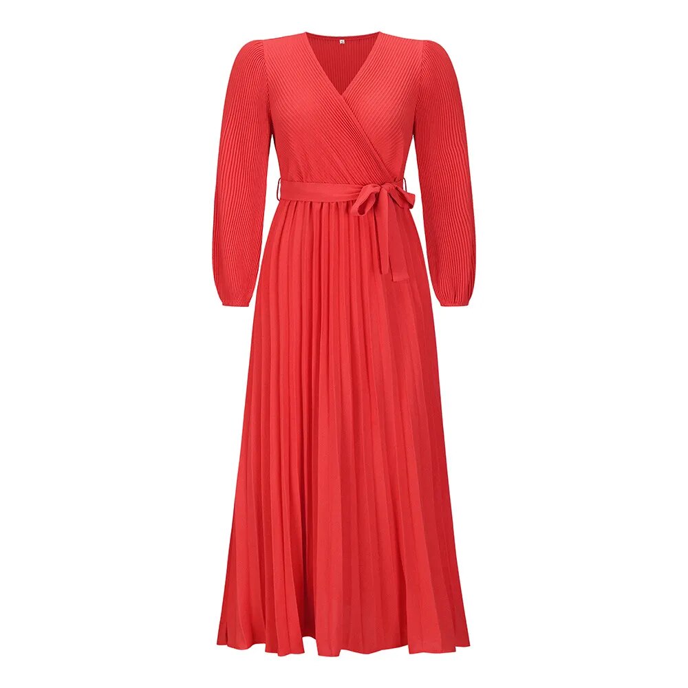 Fall/Winter New V-neck Long Sleeve Solid Color Pleated A-line Lace Up Ankle Length Dress