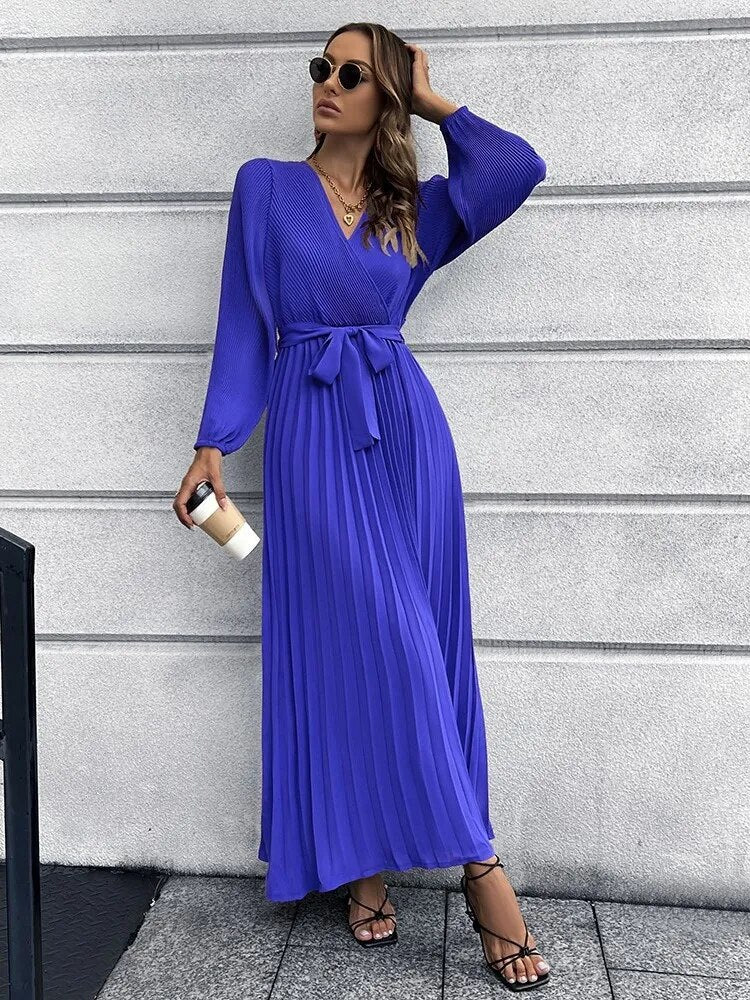 Fall/Winter New V-neck Long Sleeve Solid Color Pleated A-line Lace Up Ankle Length Dress