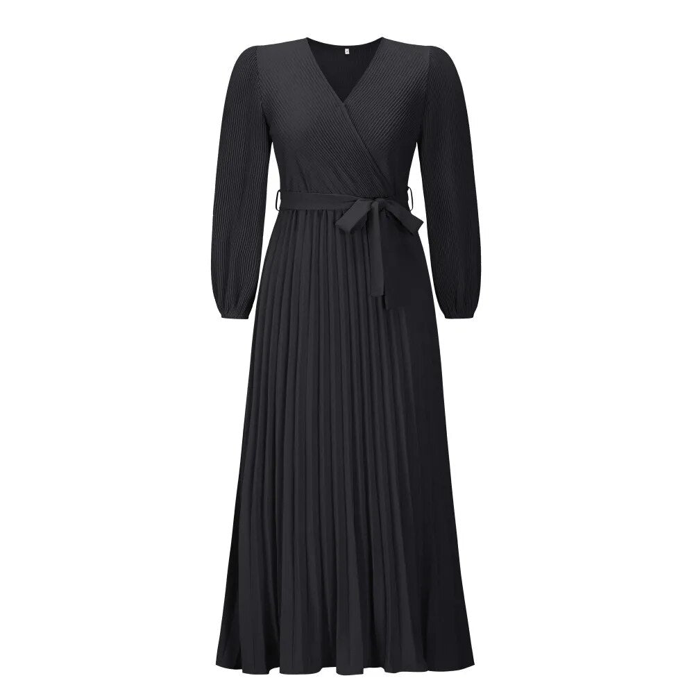 Fall/Winter New V-neck Long Sleeve Solid Color Pleated A-line Lace Up Ankle Length Dress